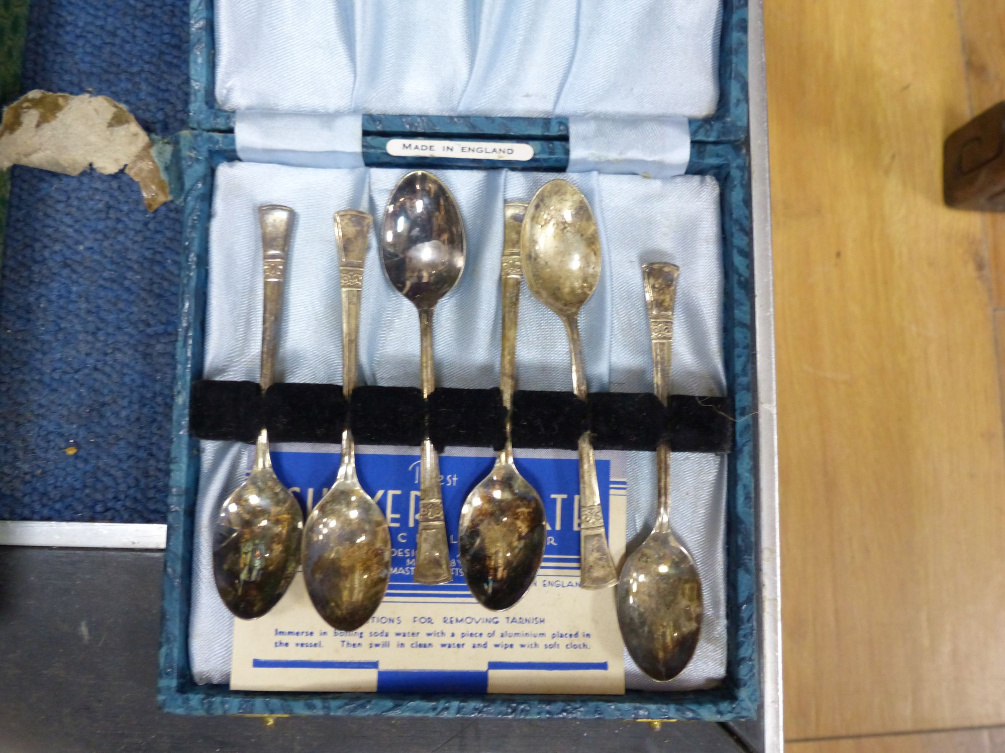 Eight assorted cased sets of silver plated cutlery including dessert eaters and a plated part toilet set.